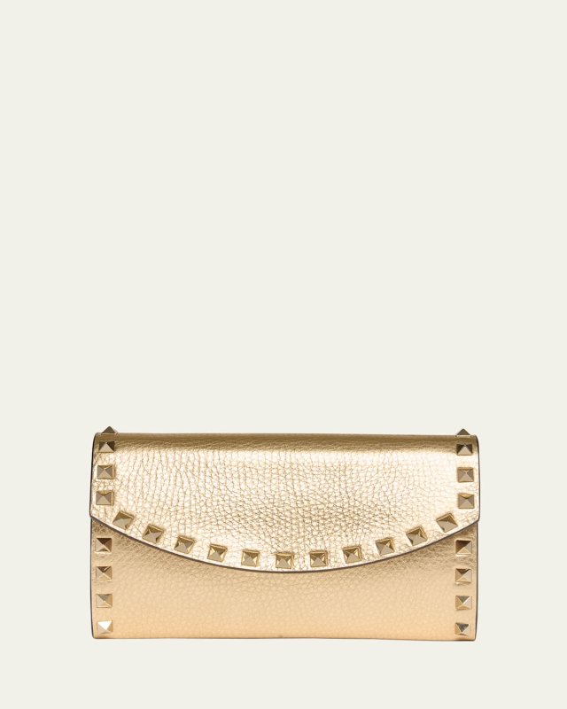 Rockstud Metallic Leather Wallet on Chain